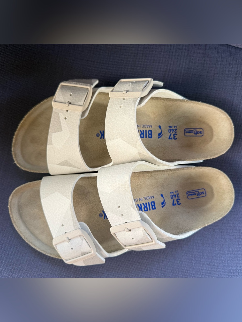 White geometric soft sole Birkenstocks